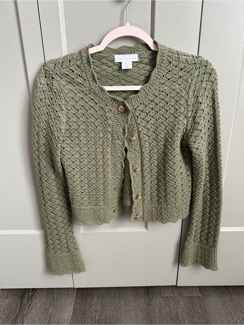 House of Harlow 1960 Olive Green Openwork Cropped Cardigan